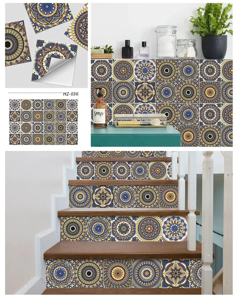 Mandala tile sticker set, 24pcs, for walls and stairs; blue, beige, brown, self-adhesive wallpaper by Simples Market.
