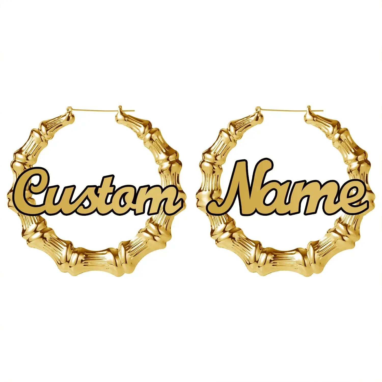 Gold-tone bamboo hoop earrings with Custom Name text, pair.