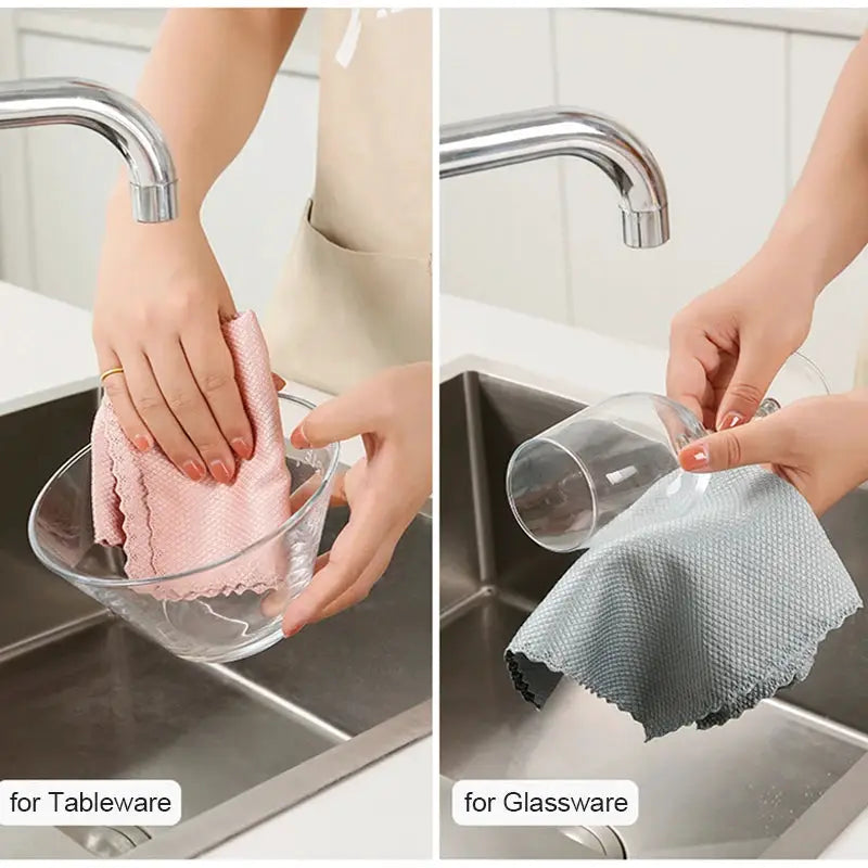 10pcs Simples Market microfiber cleaning cloths in pink and gray, lint-free reusable rag for glassware and tableware