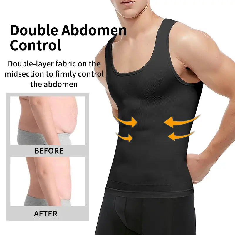 Simples Market men's slimming body shaper compression shirt in black with abdomen control; before/after views.