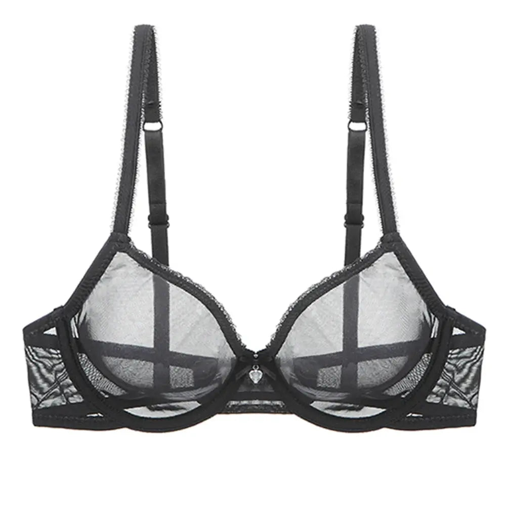 Bra, black lace mesh see-through cups with adjustable straps and center heart charm
