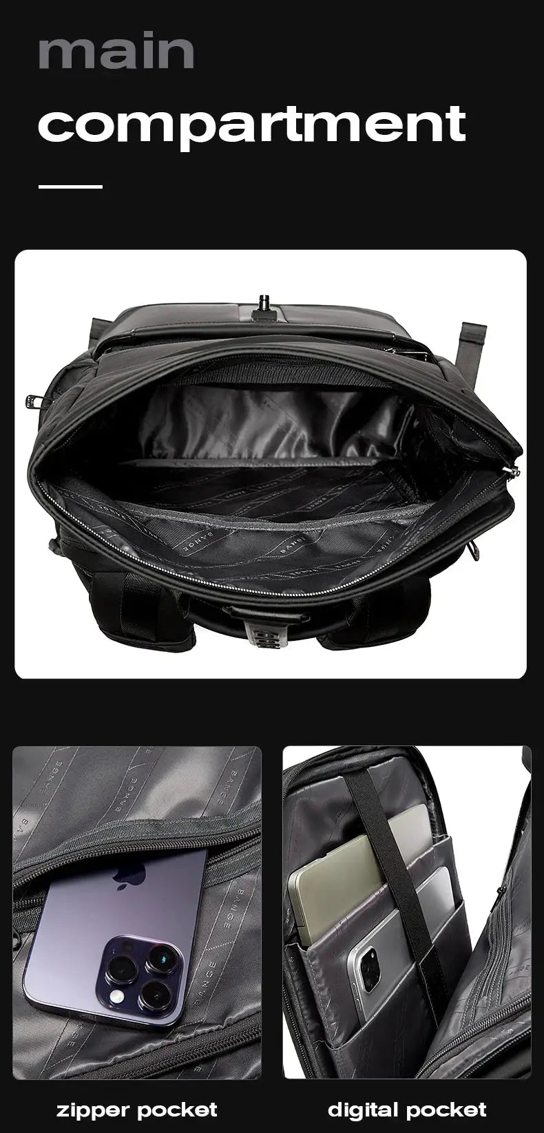 BANGE black anti-theft waterproof laptop backpack for 15.6-inch laptops with zipper pocket and digital pocket.