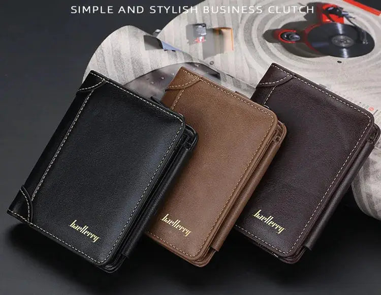 Men's PU leather zipper wallet trio in black, brown and dark brown with card holder and coin pocket