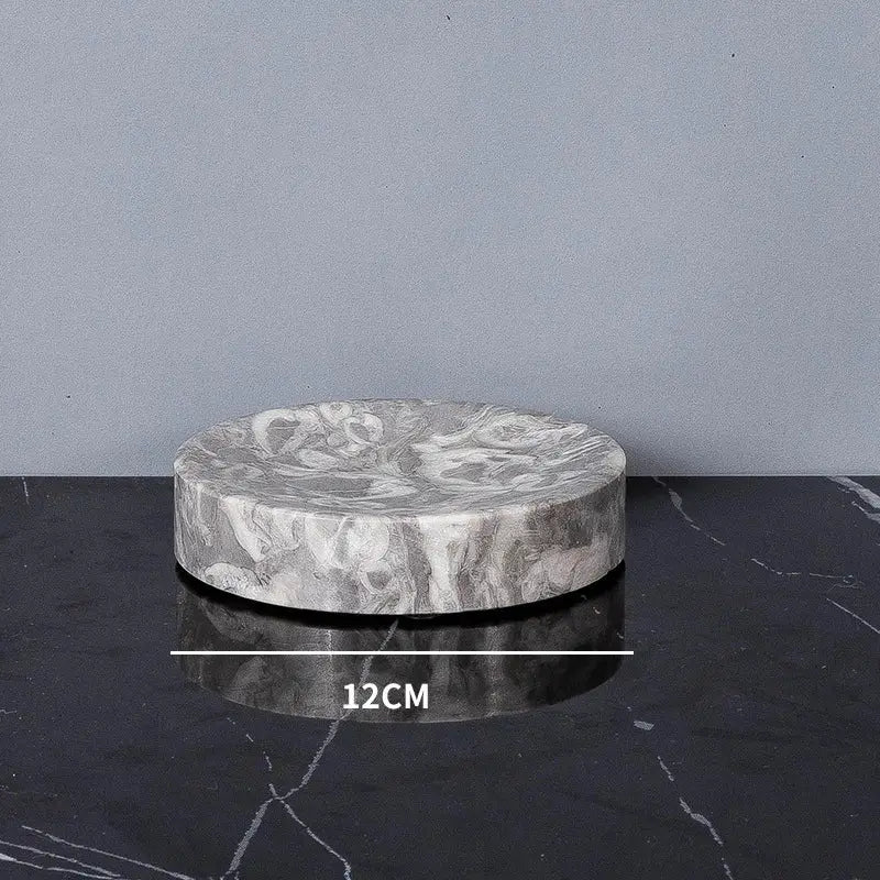 Marble bathroom soap dish, round gray-white veined, 12 cm diameter
