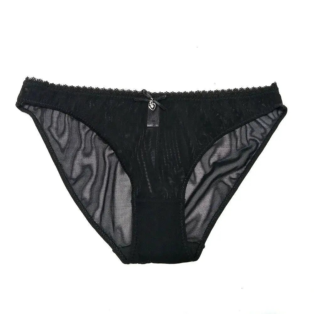 Black lace mesh panties with sheer panels and a small front bow