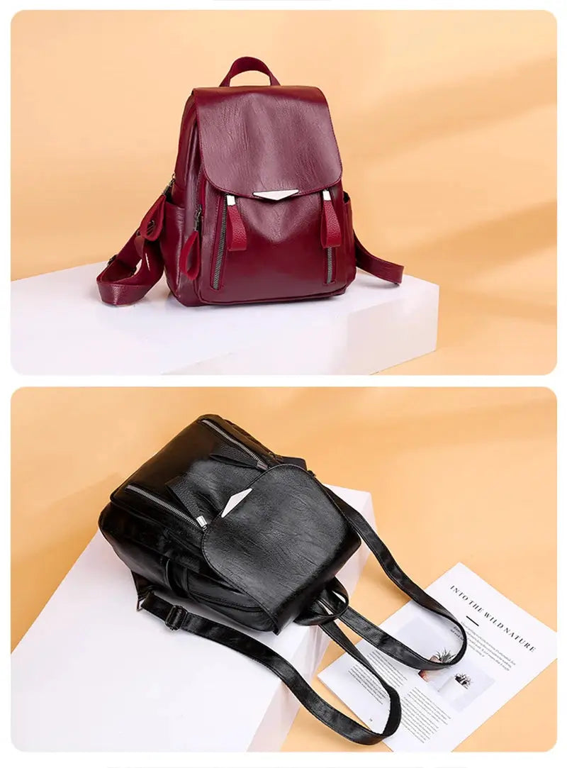 Simples Market Yogodlns luxury PU leather backpack for women, red and black, large-capacity dual-zip design, 2 backpacks