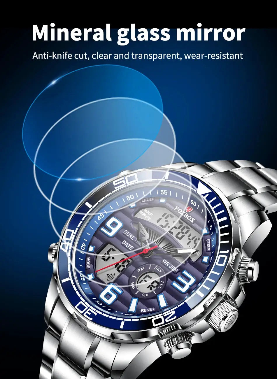 LIGE Foxbox digital men's wristwatch, stainless steel, blue bezel, waterproof, box included