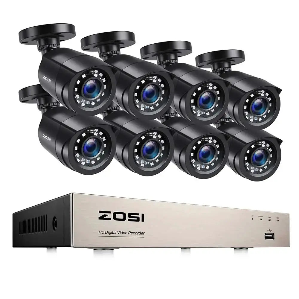 ZOSI 8-camera security system with 8-channel HD DVR, black CCTV cameras and a silver front-panel DVR