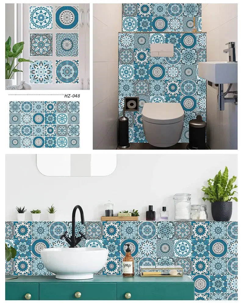 Simples Market 24pc light blue tile sticker set for bathroom and kitchen walls; self-adhesive, waterproof decals.
