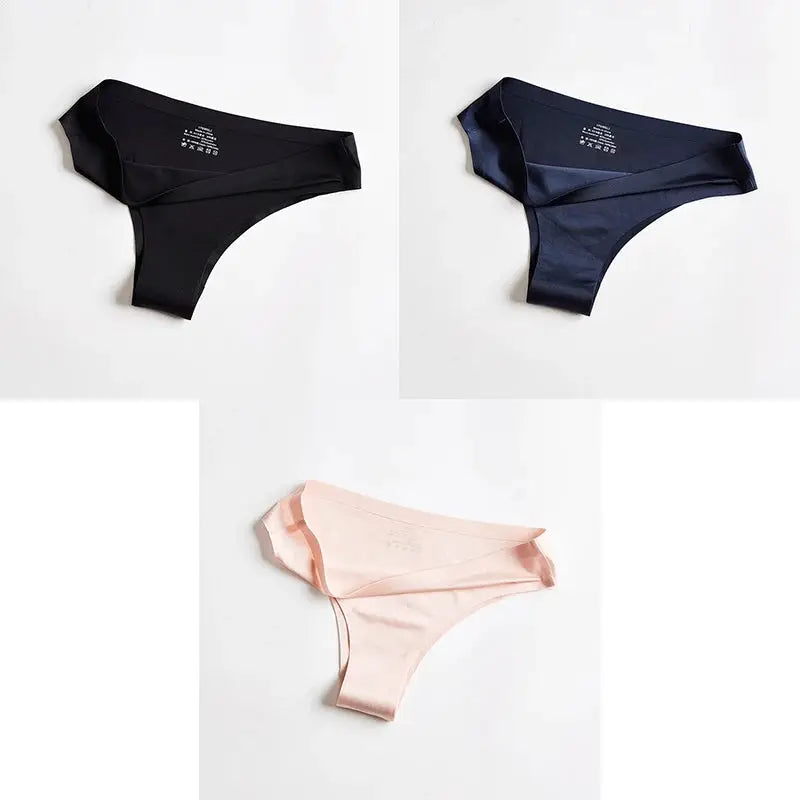 Women's seamless thong underwear 3-color set in black, navy, and peach ice silk fabric