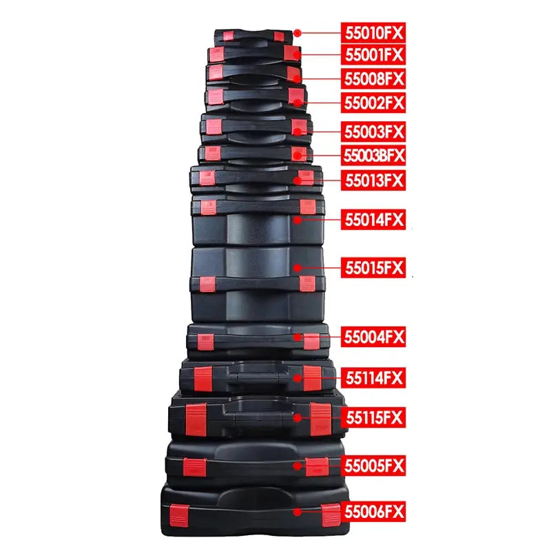 Multifunctional hardware tool box stack of portable black plastic cases with red latches