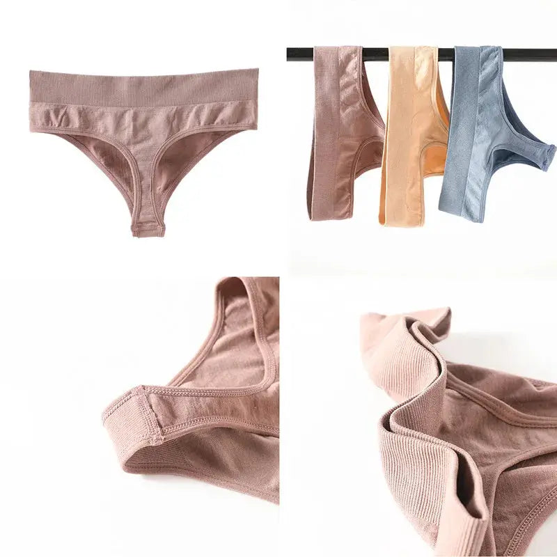 Ribbed thong G-string underwear by Simples Market, high-rise silhouette in mauve with multiple color options.
