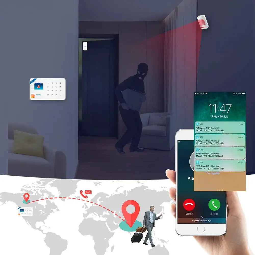 KERUI W184 alarm system unit with motion sensor; 4G/WiFi/GSM, Tuya app control, Alexa