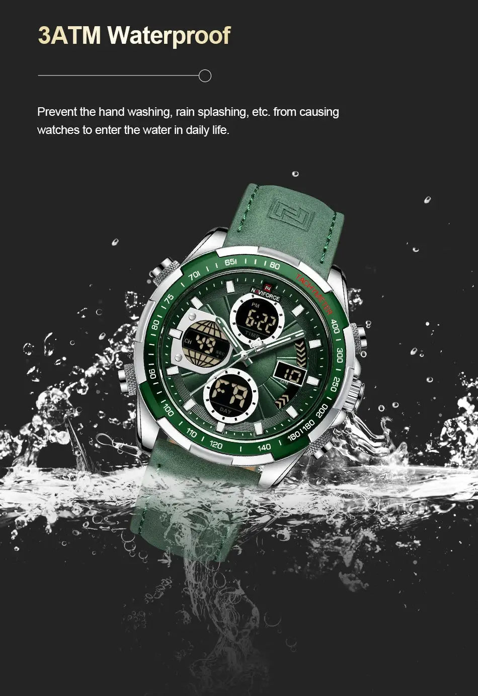 Naviforce men's fashion military chronograph watch with green strap and bezel, waterproof 3ATM
