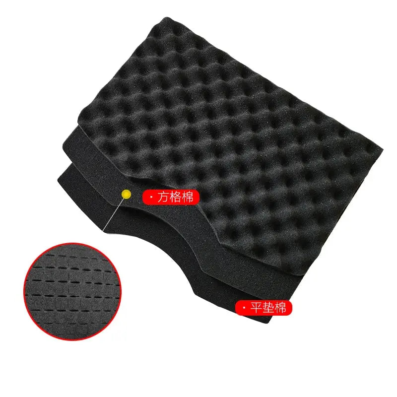 Multifunctional hardware toolbox in black plastic with grid foam padding interior for protective storage