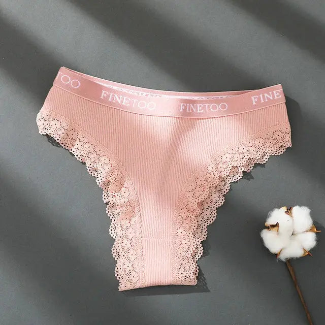 Panties pink cotton lace-trim bikini with Finetoo waistband, seamless design, sizes M-XXL