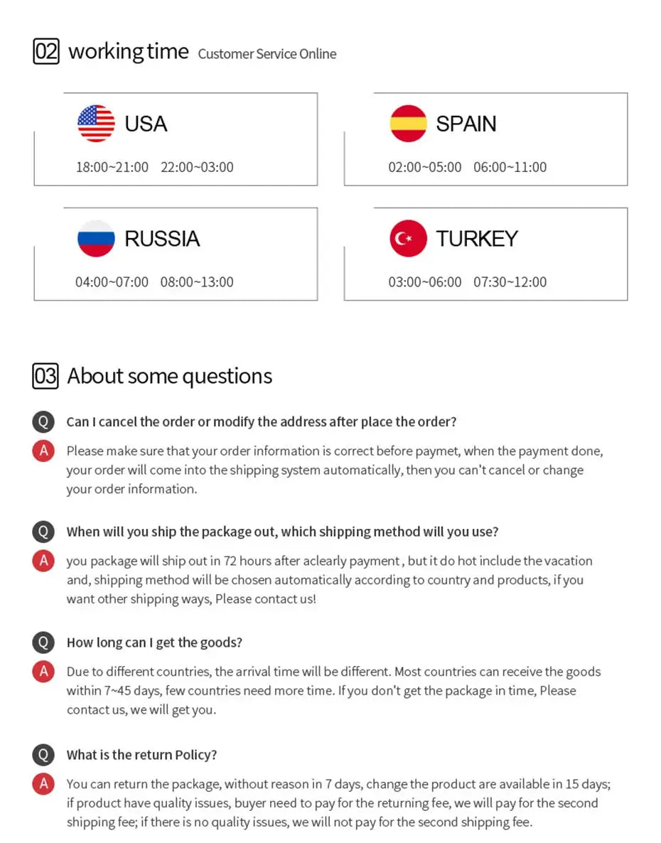 Support page showing 02 working time with USA, Spain, Russia and Turkey schedules and 03 About some questions FAQ.