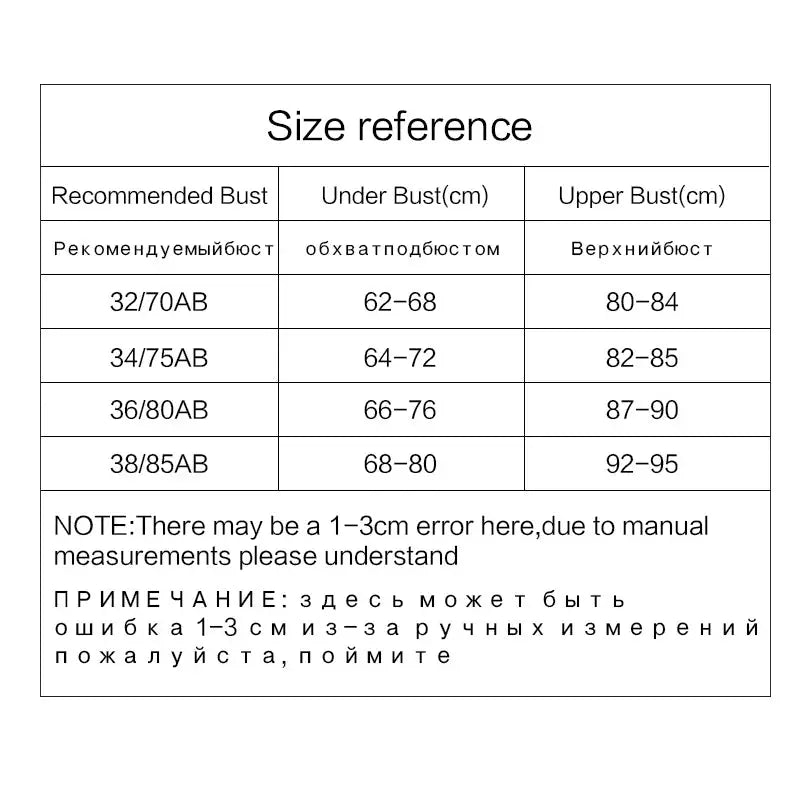 Simples Market lace bralette size chart with recommended bust ranges and underbust measurements.