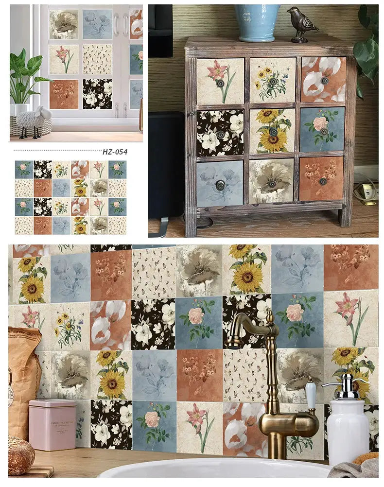24-piece pastel tile sticker set; Simples Market waterproof adhesive decals with florals for kitchen/bathroom