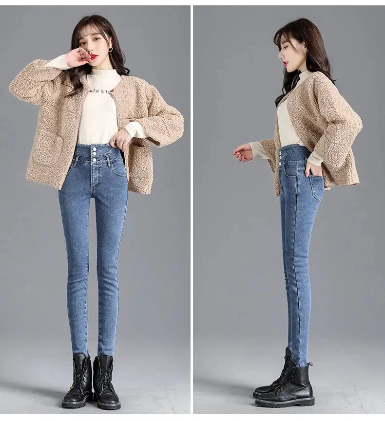 Thermal Winter Thick Fleece High Waist Stretch Skinny Jeans For Women