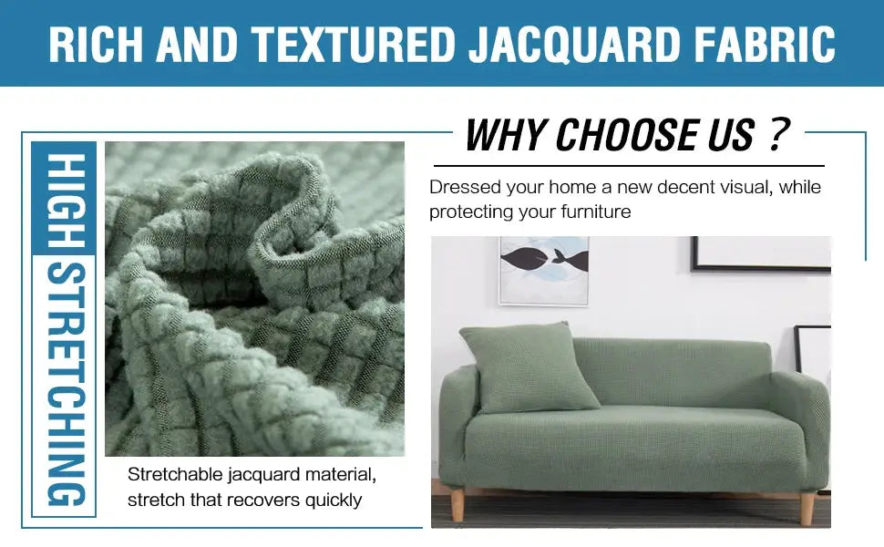 Simples Market thick jacquard sofa cover in sage green, stretchable textured fabric for L-shaped couch