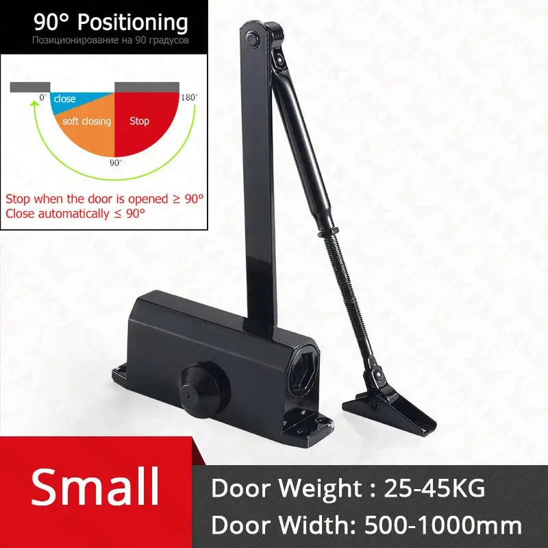 KAK hydraulic door closer with arm, black finish, adjustable speed for 25–80 kg doors, Simples Market.