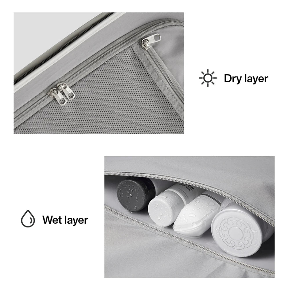 Simples Market Mixi gray hardside PC travel luggage with dry-layer mesh pocket and wet-layer bottle pocket