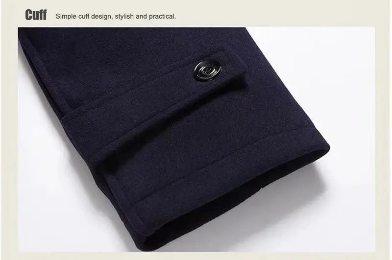 Men's navy wool coat with buttoned cuff strap detail; winter overcoat
