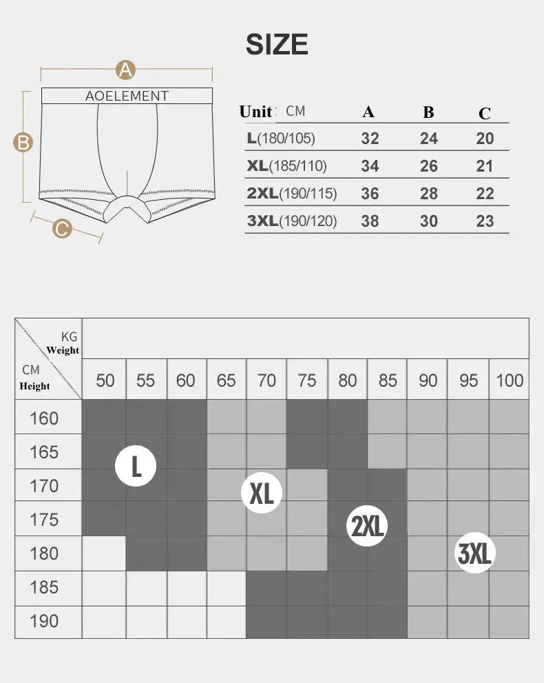 Men's modal boxer shorts with breathable separation pouch; size chart shows L, XL, 2XL, 3XL measurements.
