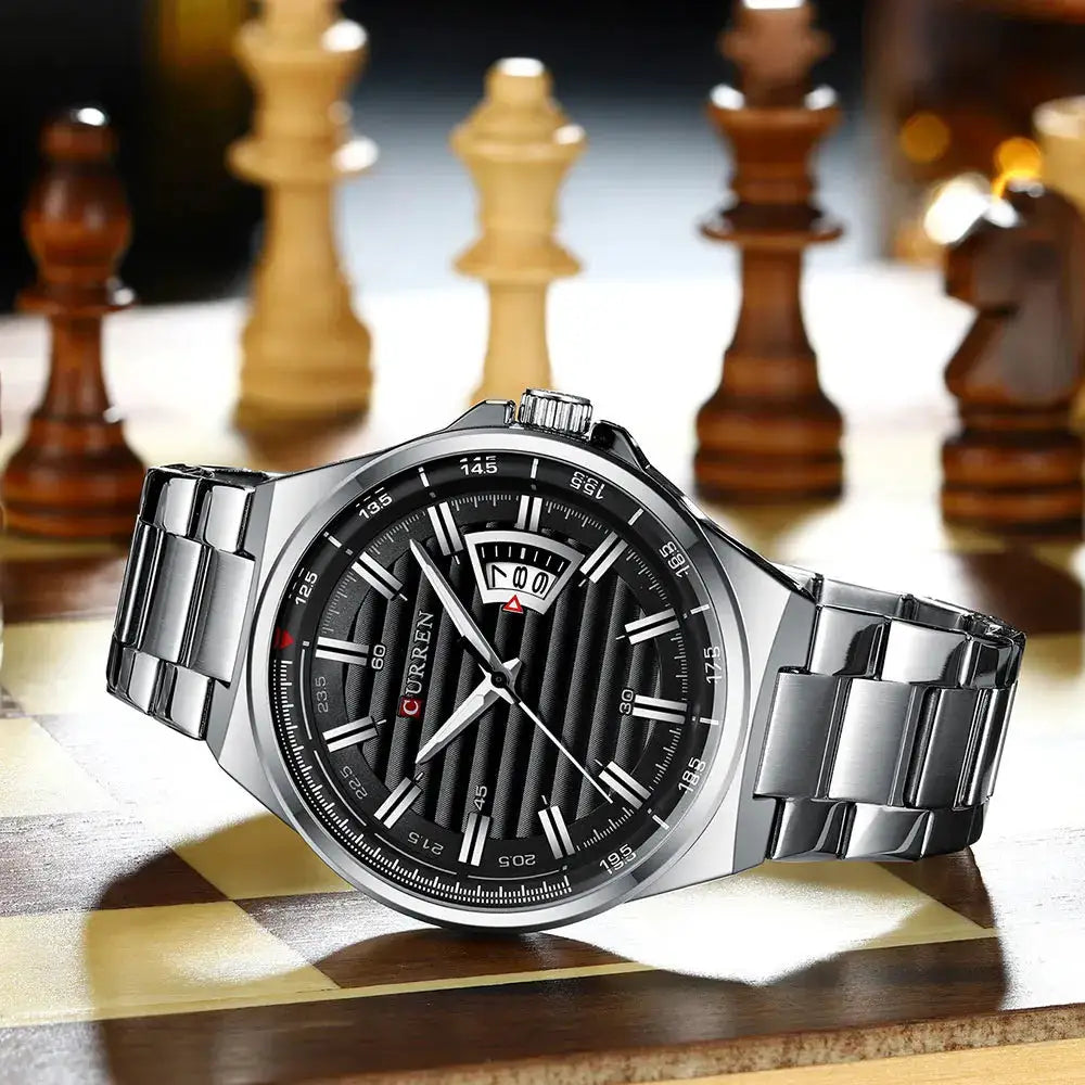 CURREN men's luxury stainless steel band quartz wristwatch with date, on a chessboard background