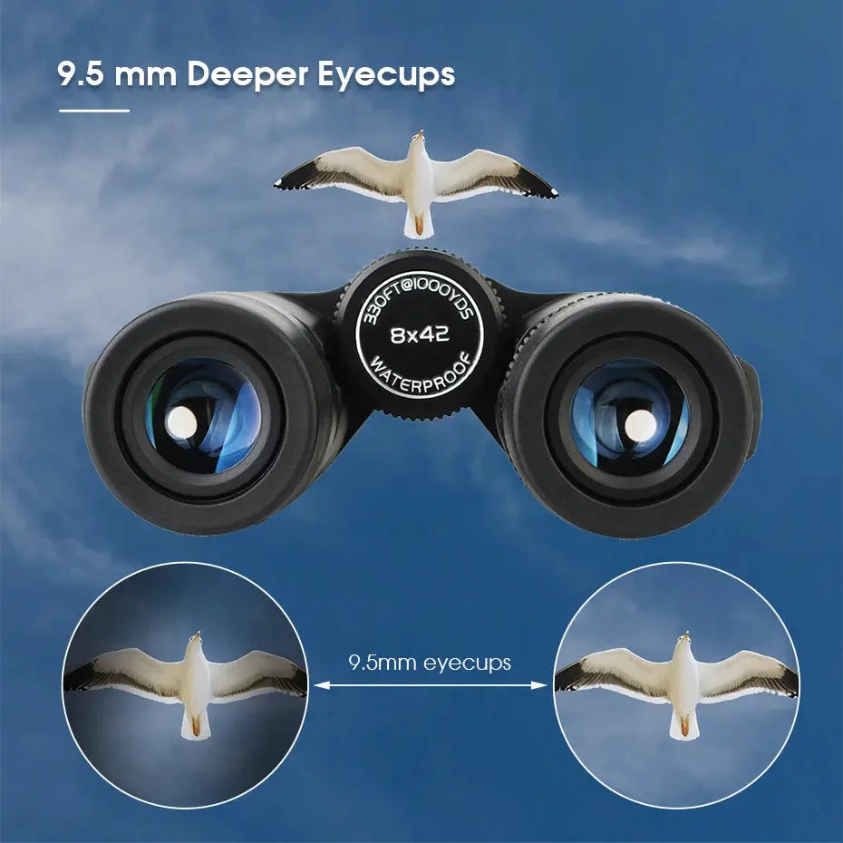 Black SVBONY SV47 bird-watching binoculars, 8x42, IPX7 waterproof, with eyecup spacing diagram