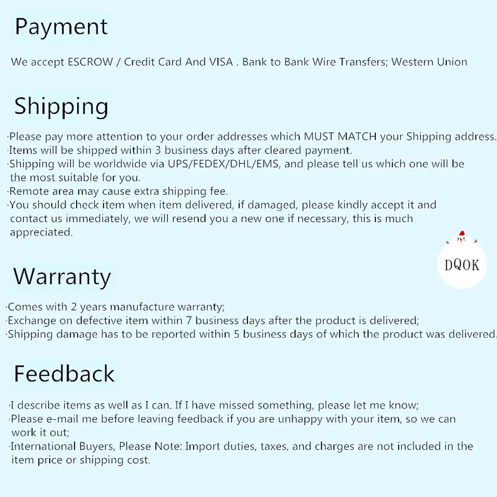 DQOK policy infographic on a light blue background showing Payment, Shipping, Warranty, and Feedback sections with a DQOK logo.