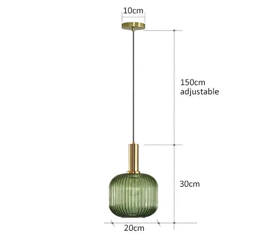 Glass pendant lamp with green ribbed shade and brass top, 20 cm diameter, 150 cm adjustable cord.