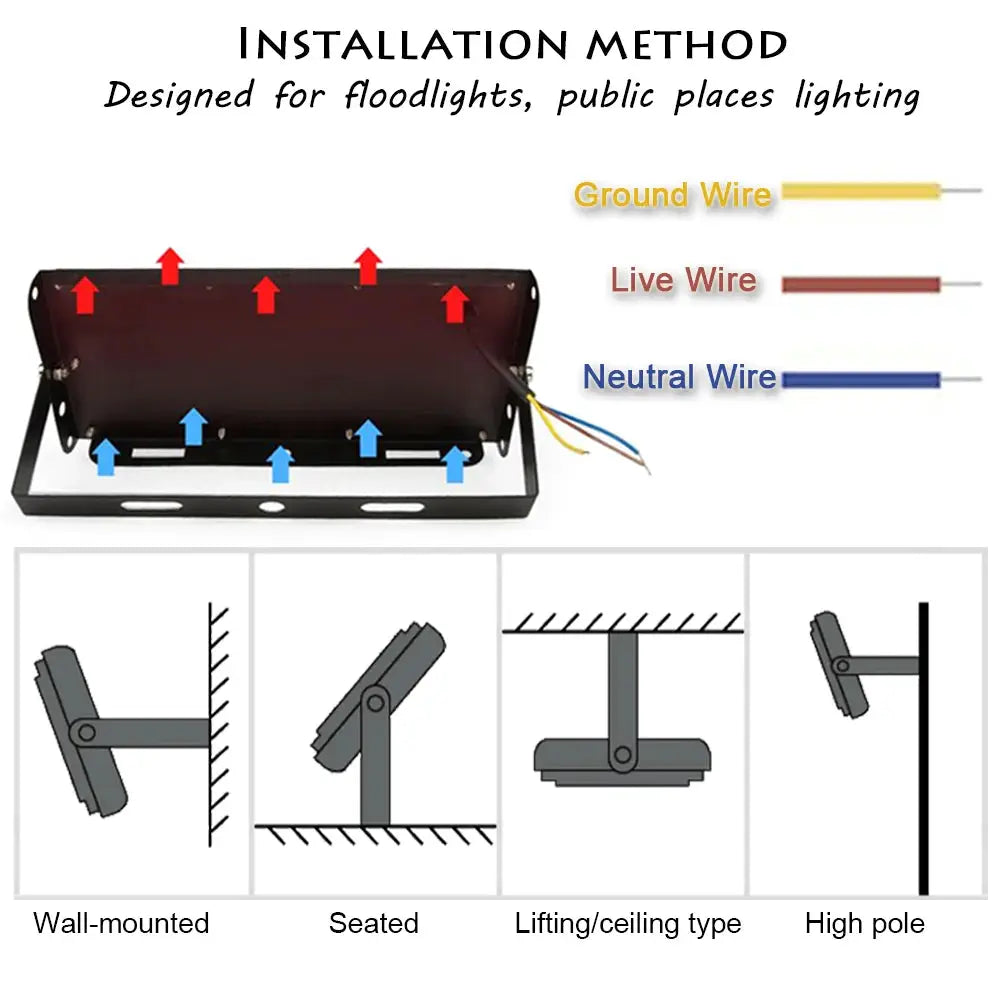 Flood light LED spotlight for outdoor use; black metal housing with wall-mount, ceiling/lift and high-pole mounting options