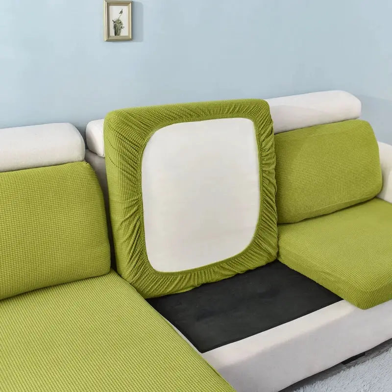 Sofa seat cushion cover Simples Market in lime green stretch fabric; washable removable slipcover.