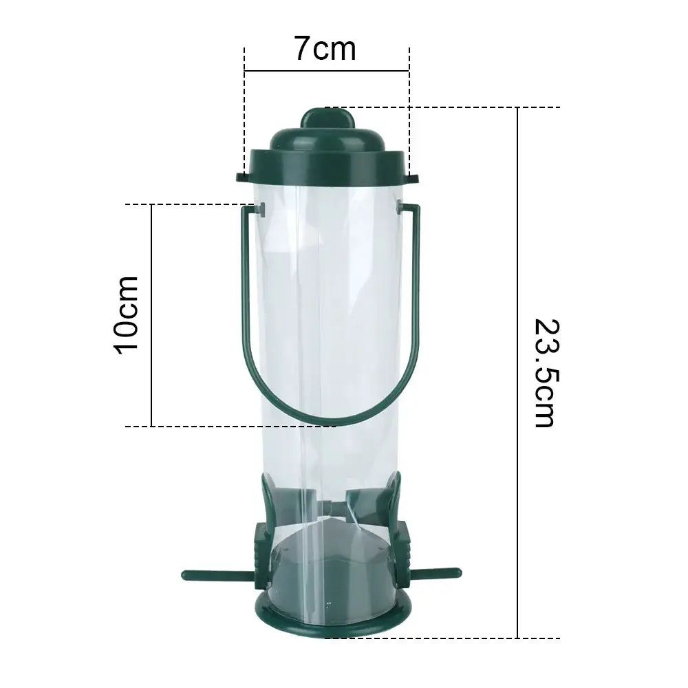 Hanging bird feeder with transparent reservoir and green lid, base and handle