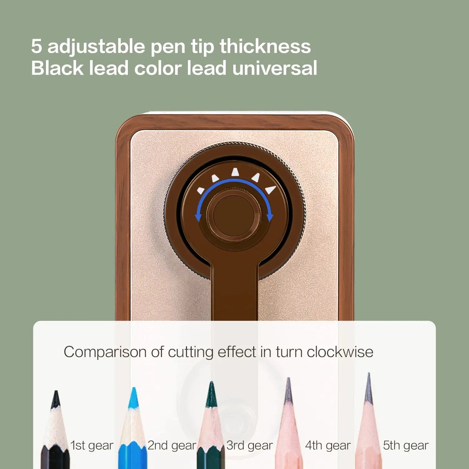 Deli adjustable pencil sharpener by Simples Market; brown wood frame with hand-crank dial