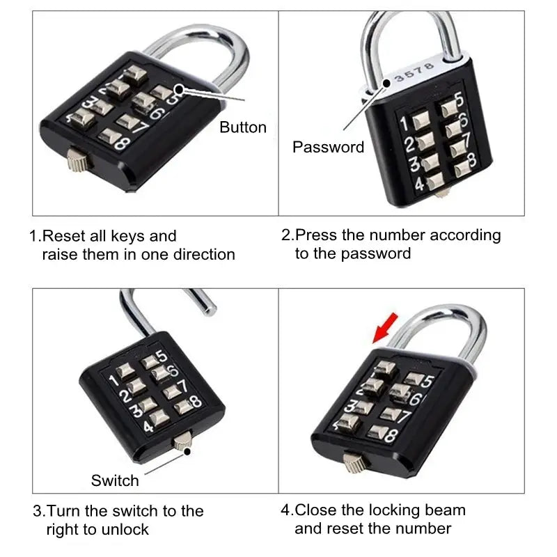 Simples Market 8-digit luggage padlock, black zinc alloy body with silver shackle for travel security.