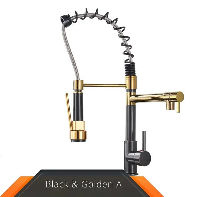 Rozin kitchen faucet in black and rose gold with spring pull-down hose, deck-mounted single-handle