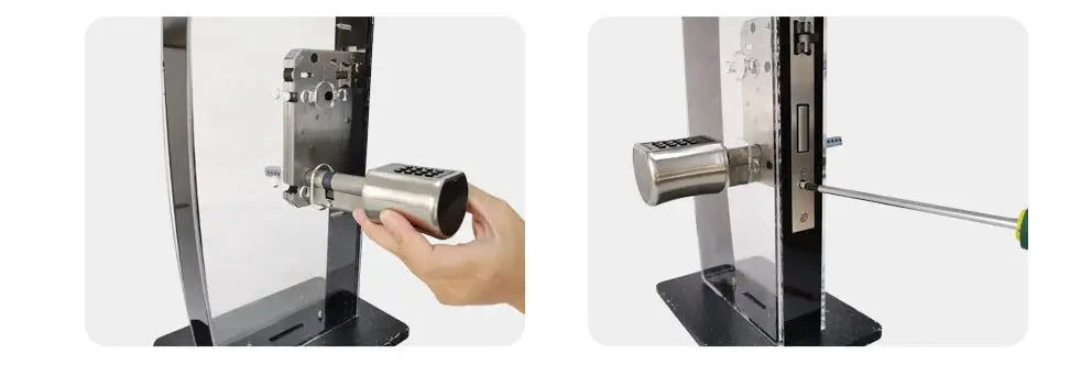 Simples Market V1 Pro+ smart door lock cylinder in stainless steel, shown during installation with a screwdriver.