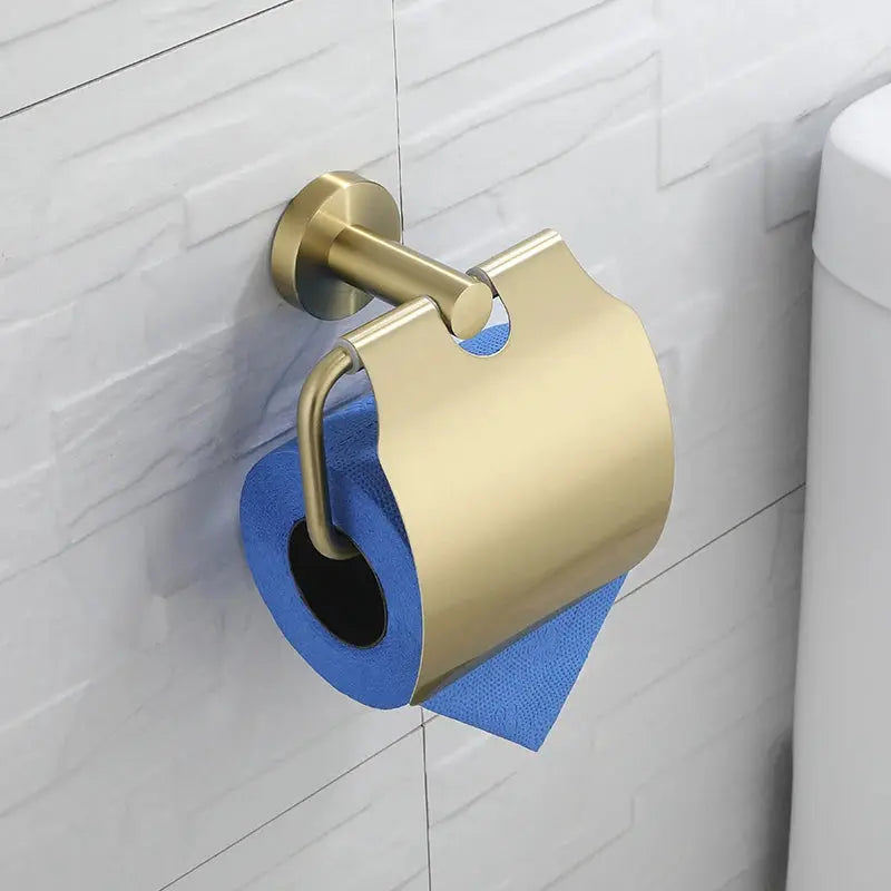 Toilet paper holder in brushed gold, wall-mount with cover