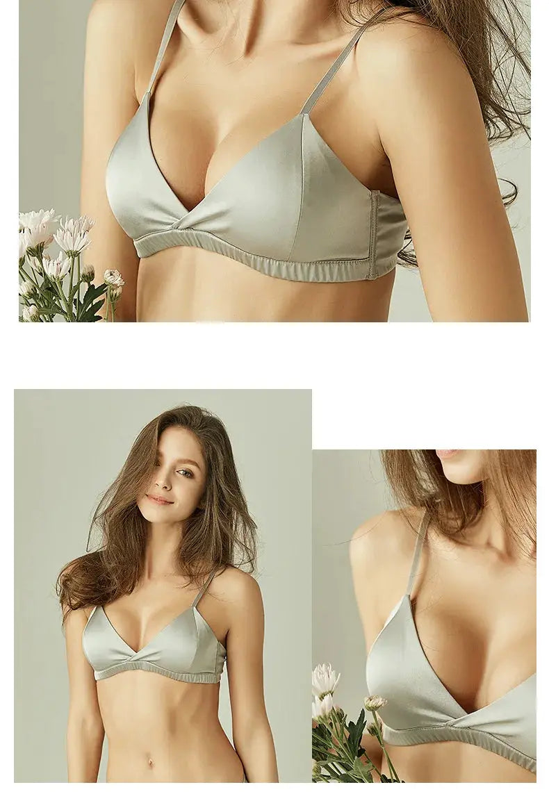 SuyaDream wire-free silk bra, silver, with natural silk lining, 3/4 cup bralette