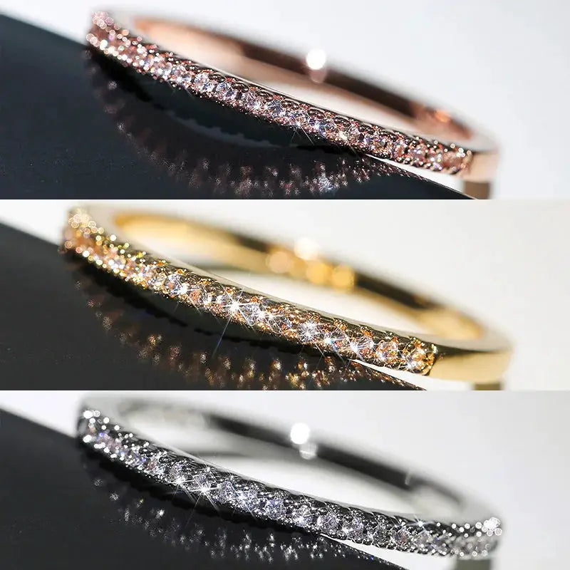 Huitan Three Colors Simple Band Ring for Women with Shiny Cubic Zirconia Brass Plated Jewelry Anniversary Gift