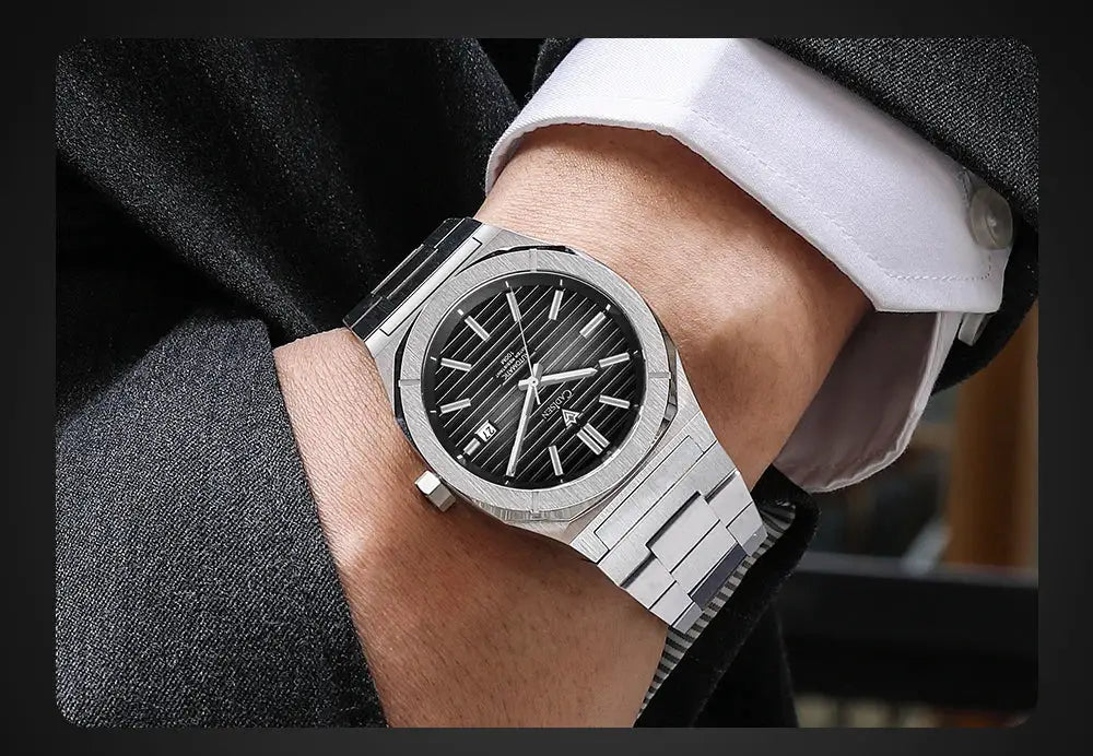 CADISEN Diver Watch on stainless steel bracelet with black striped dial and luminous hands