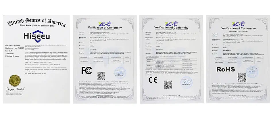Hiseeu certificate set with FCC, CE, RoHS verifications (4 documents)