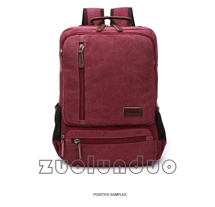 Simples Market vintage maroon canvas backpack; large-capacity travel laptop bag with multiple pockets.