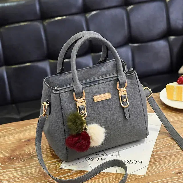 Yogodlns Beading Pendant Handbag Soft PU Leather Embossed Detailing Hairball Pendants Casual Tote With Compartments