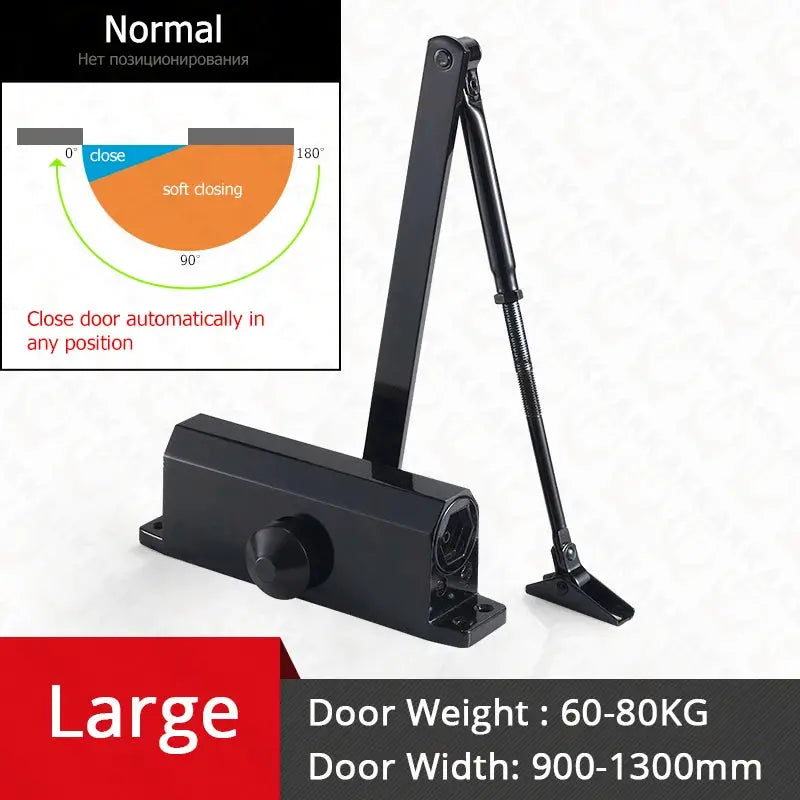 KAK hydraulic automatic door closer by Simples Market, black unit with adjustable speed and soft closing for 60-80kg doors