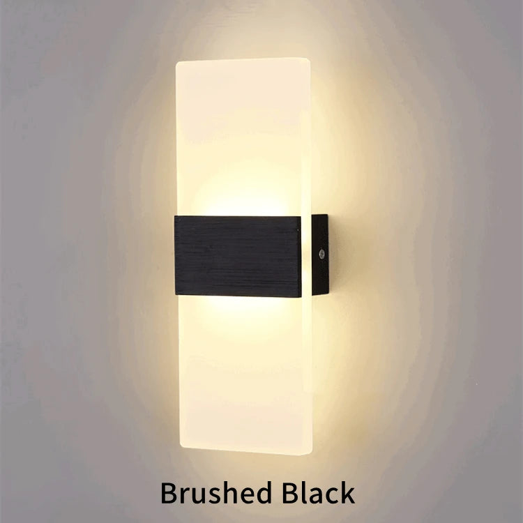 Modern mini LED wall lamp with brushed black mount and acrylic panels