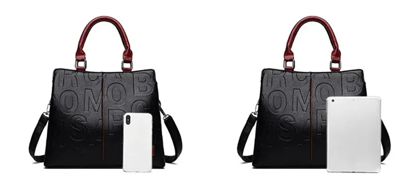 Two black PU leather crossbody bags with red top handles, shown with a phone and tablet.